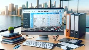 Realistic 3D image of a modern driving school management software interface on a computer screen. The interface shows a scheduling calenda