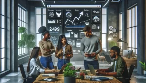 A group of diverse software developers and designers in a modern office, collaborating on a mobile app project in 2024. The scene includes a large dig