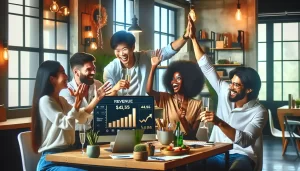 A diverse group of entrepreneurs in a modern office, celebrating the success of their mobile app in 2024. The scene includes a large digital screen sh