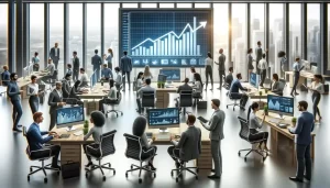 An office setting with a diverse group of realistic people working on computers and discussing strategies. In the foreground, a large digital display