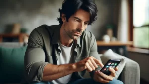 A man in his mid-thirties, with medium-length black hair, wearing a casual green shirt. He is holding an iPhone in his right hand and hide apps on iPhone
