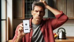 A frustrated man in his early forties, with short grey hair, wearing a casual red shirt. He is holding a smartphone in one hand and scratching his hea