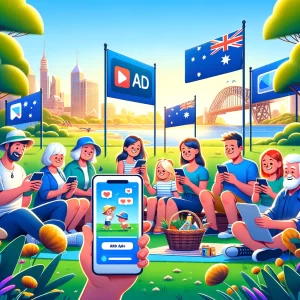An-illustrative-scene-showing-a-diverse-group-of-people-in-Australia-of-various-ages-and-backgrounds-happily-using-smartphones-and-tablets-in-a-park