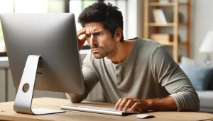 A frustrated man in his late thirties, sitting in front of a Mac computer to delete apps. He has short, dark hair and is wearing casual attire. The man is furrowing