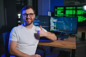 male developer getting help from ChatGPT for programming
